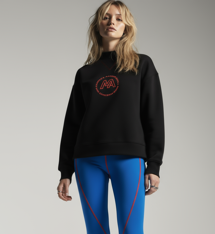 A model wearing The Freya Womens sweatshirt with More Active logo and blue leggings.