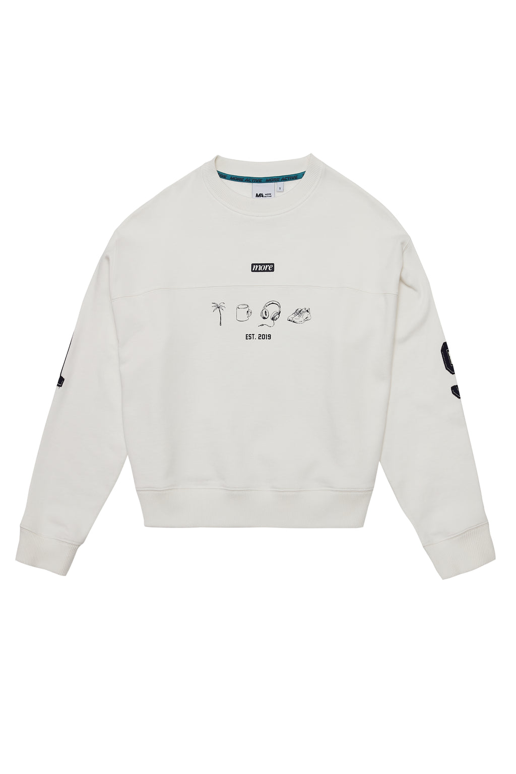 White sweatshirt with black graphics on a white background