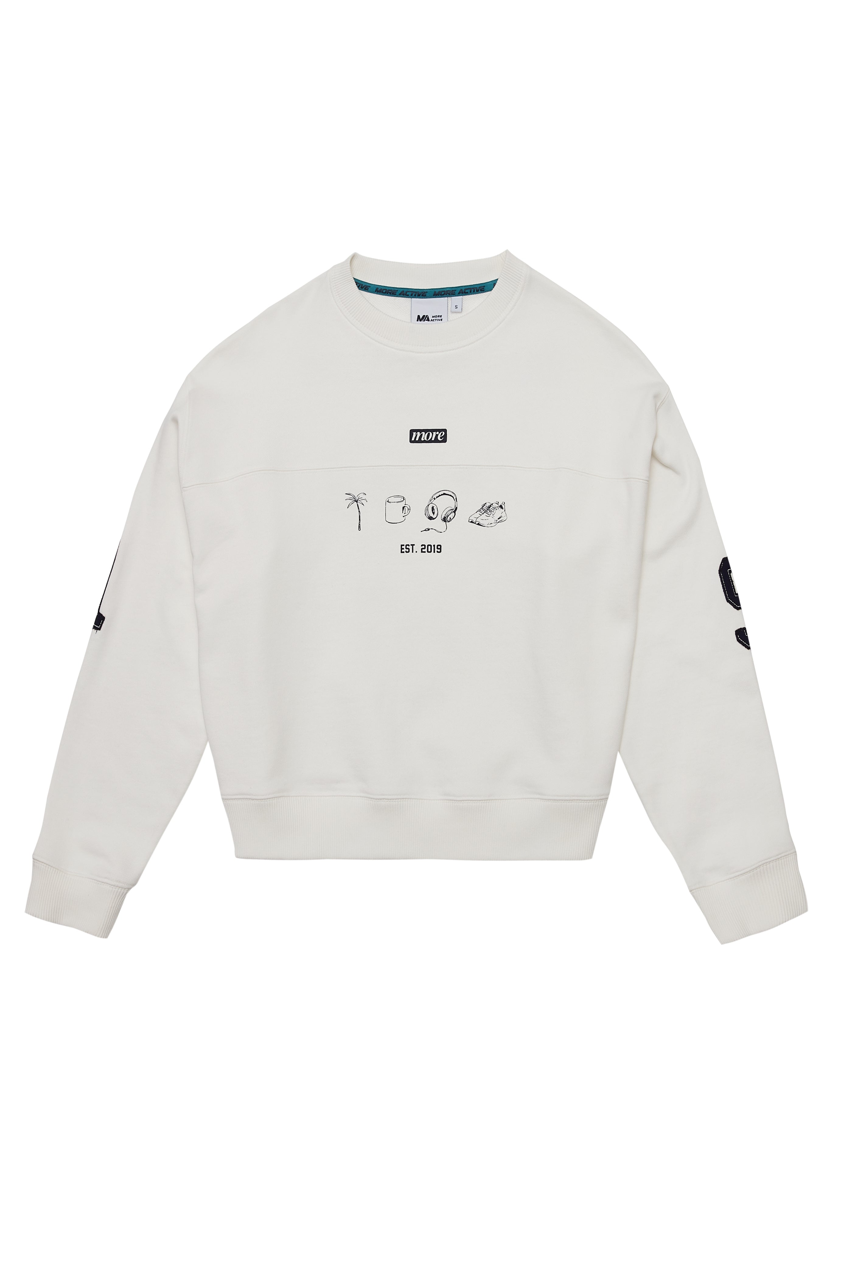 White sweatshirt with black graphics on a white background