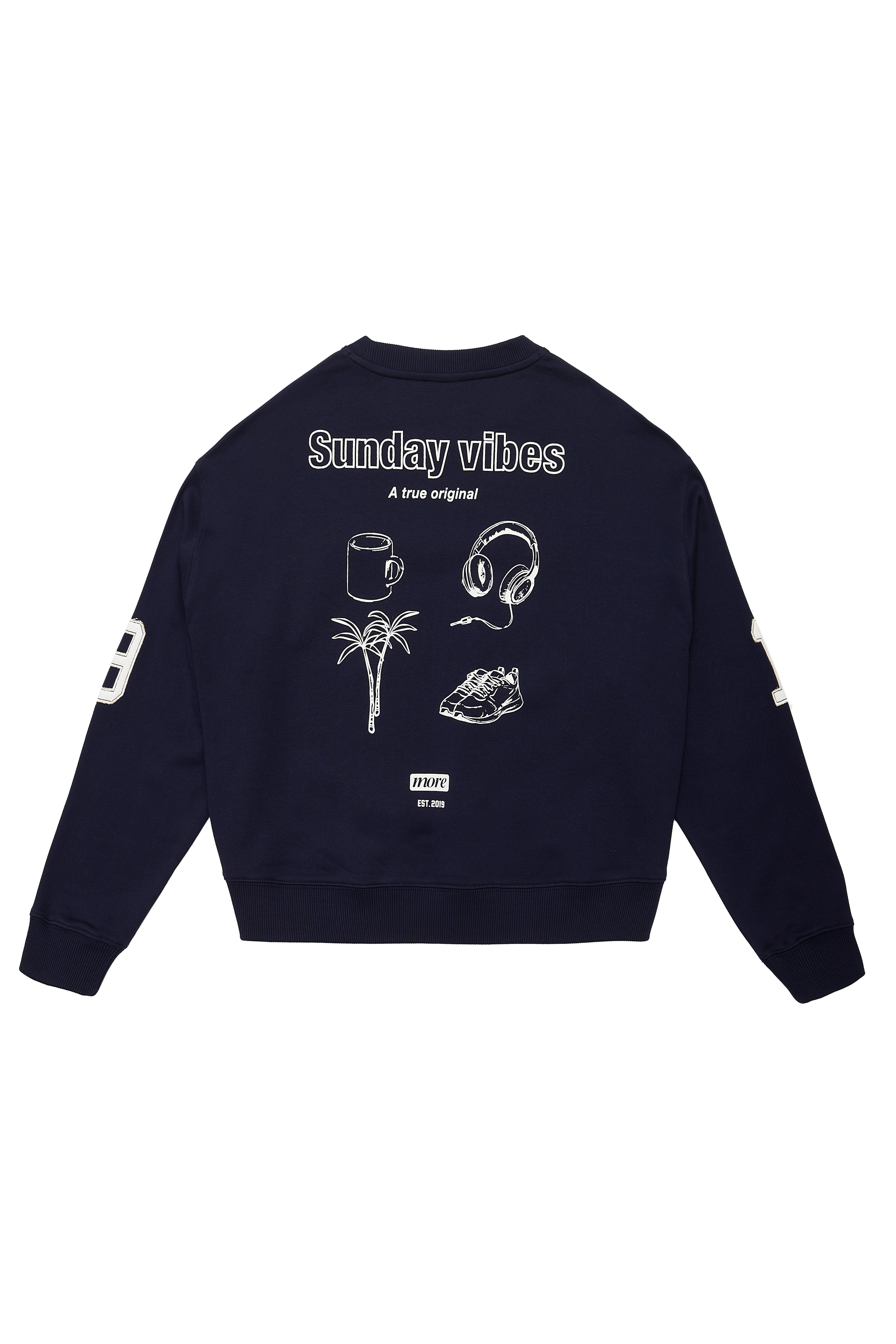 Navy blue sweatshirt with 'Sunday vibes' text and graphics on a white background