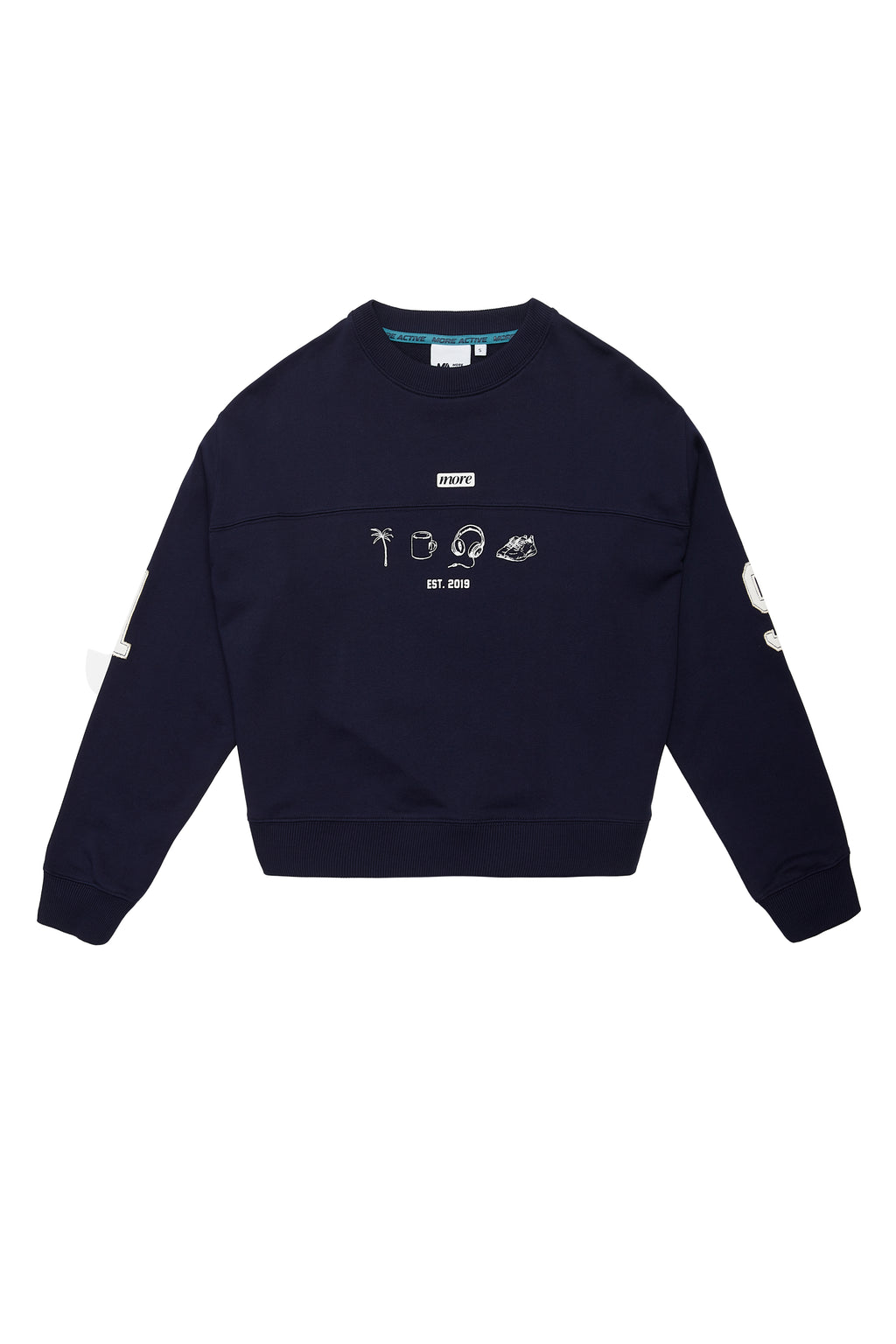 Navy blue sweatshirt with white text and graphics on a white background