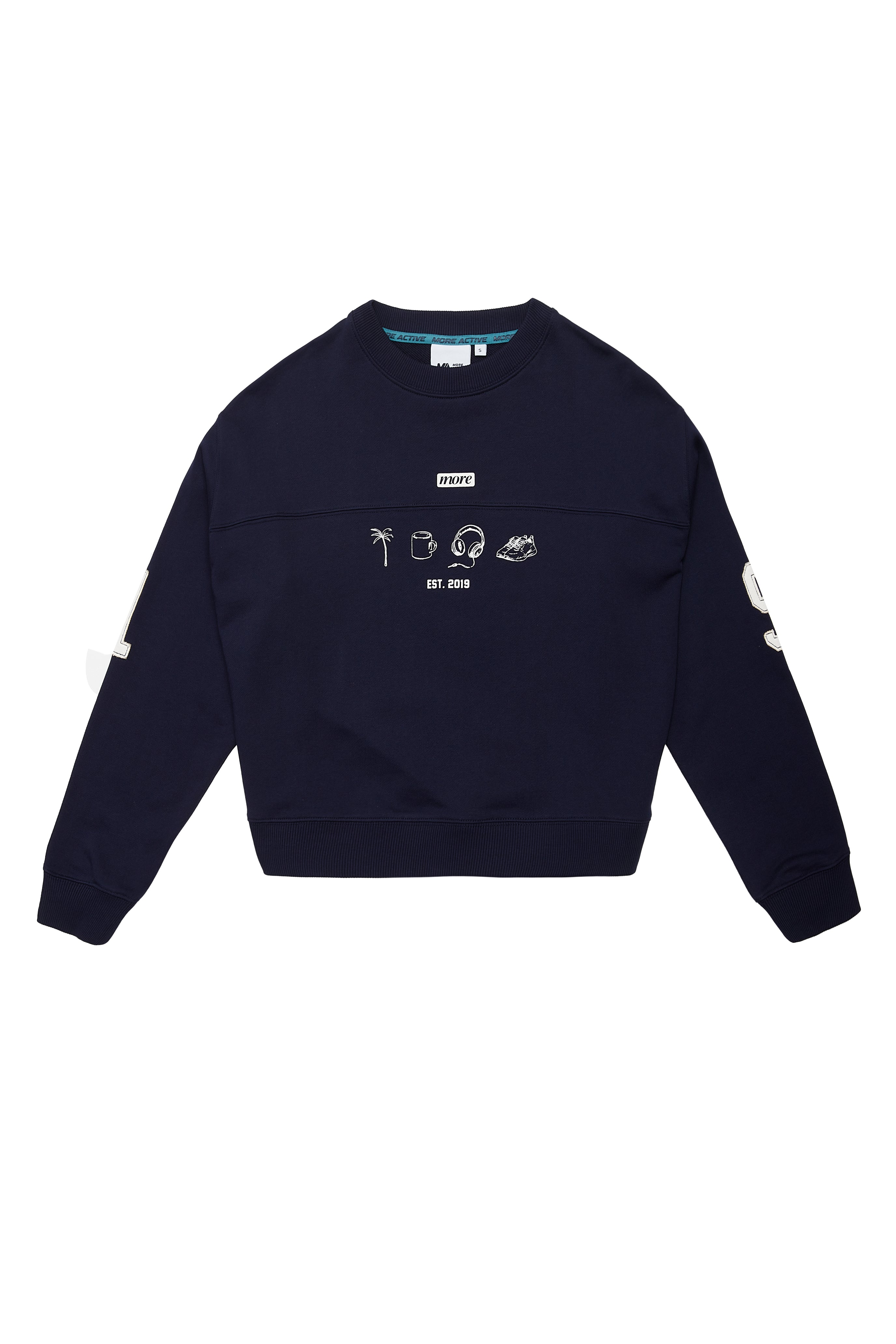Navy blue sweatshirt with white text and graphics on a white background