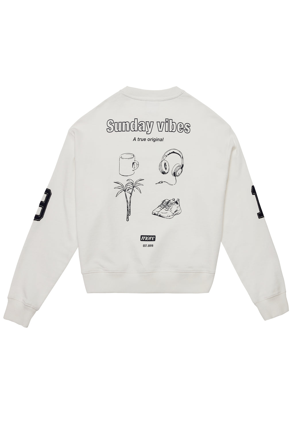 White sweatshirt with black graphics and text on a white background
