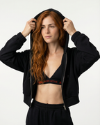 Indo Full Zip Cropped Hoodie Black Front View With Hoodie