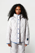 Model  wearing a white quilted jacket with blue buttons on a white background