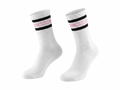 White socks with black and pink stripes on a white background
