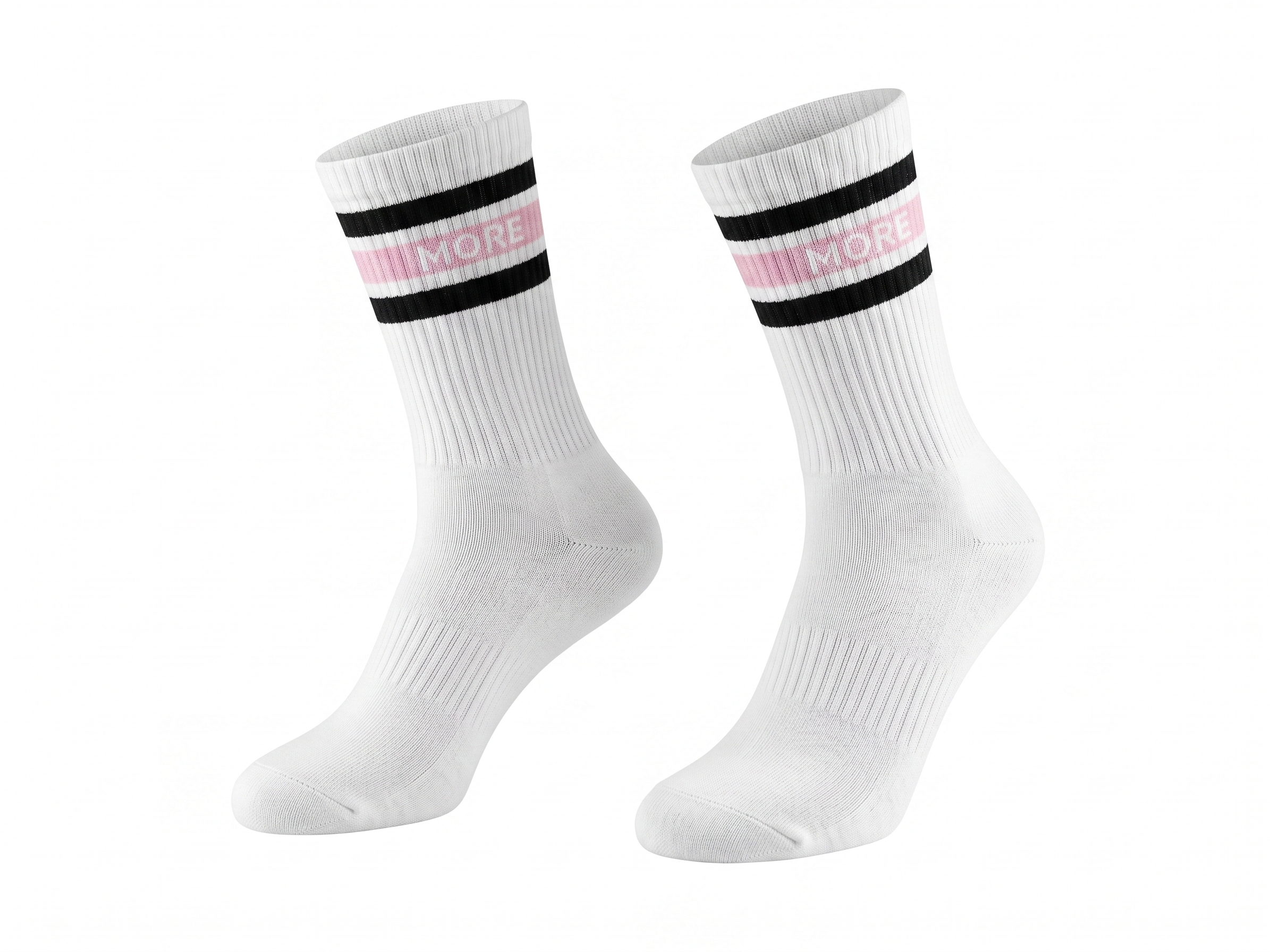 White socks with black and pink stripes on a white background