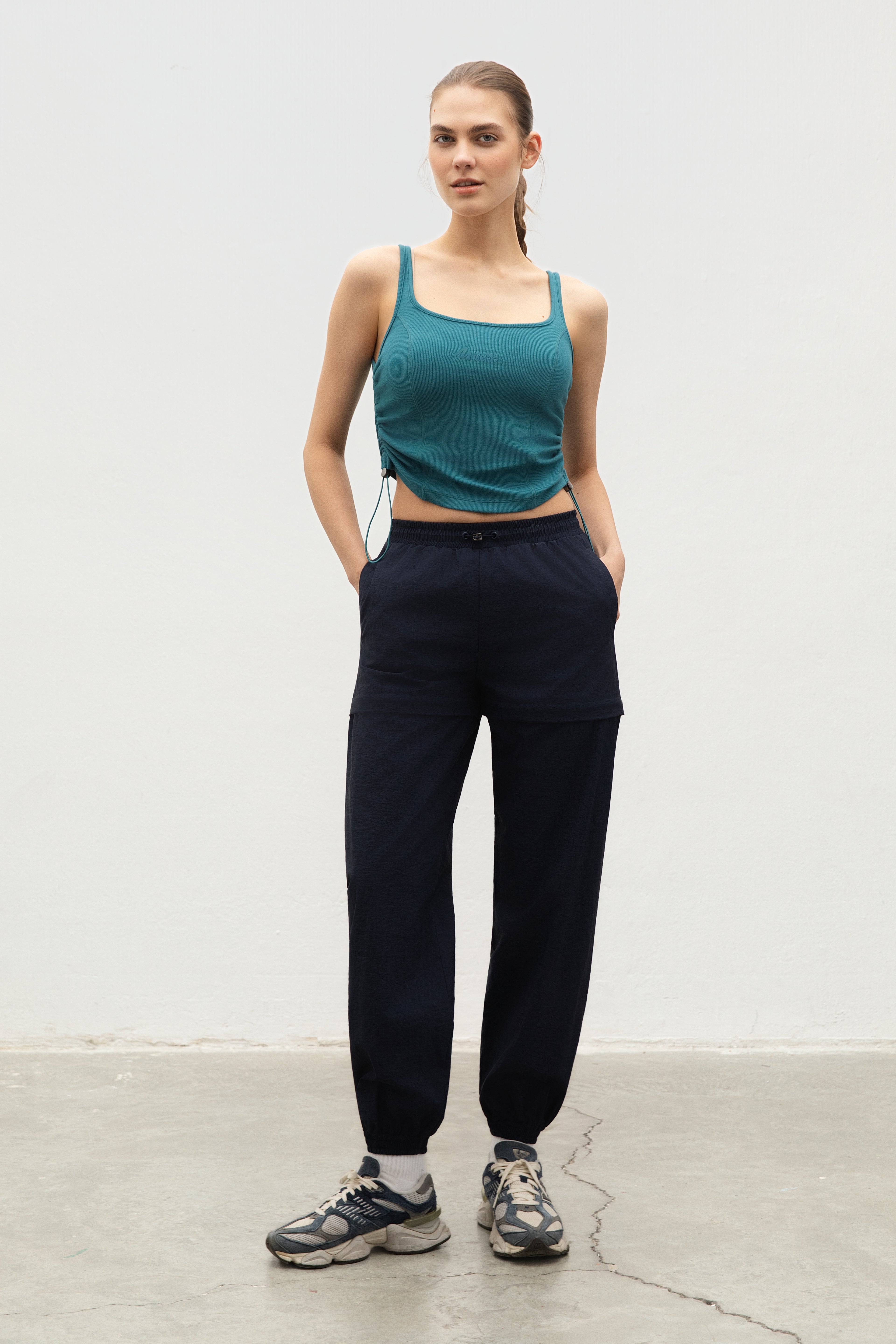 Side Gathered Rib Tank Top Maritime Blue Front View