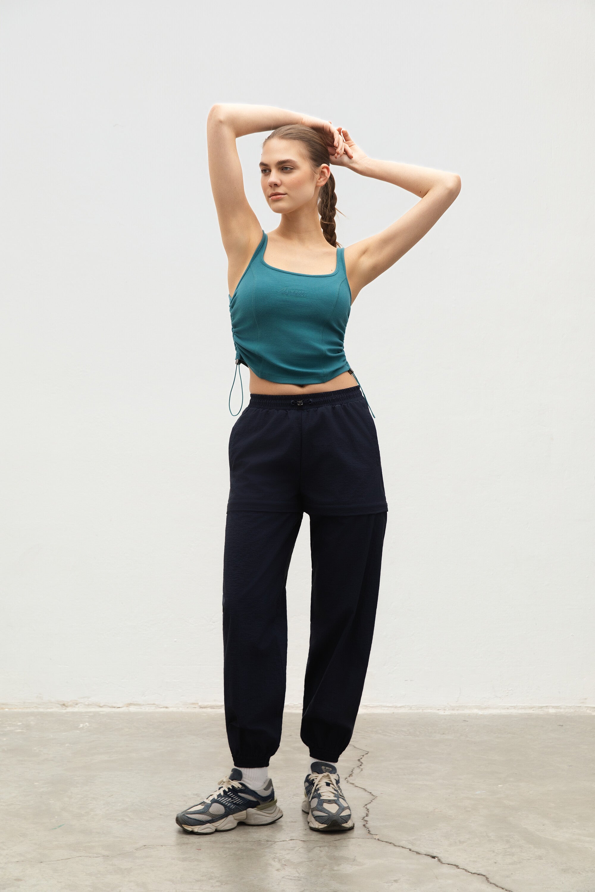 Side Gathered Rib Tank Top Maritime Blue Front View 2