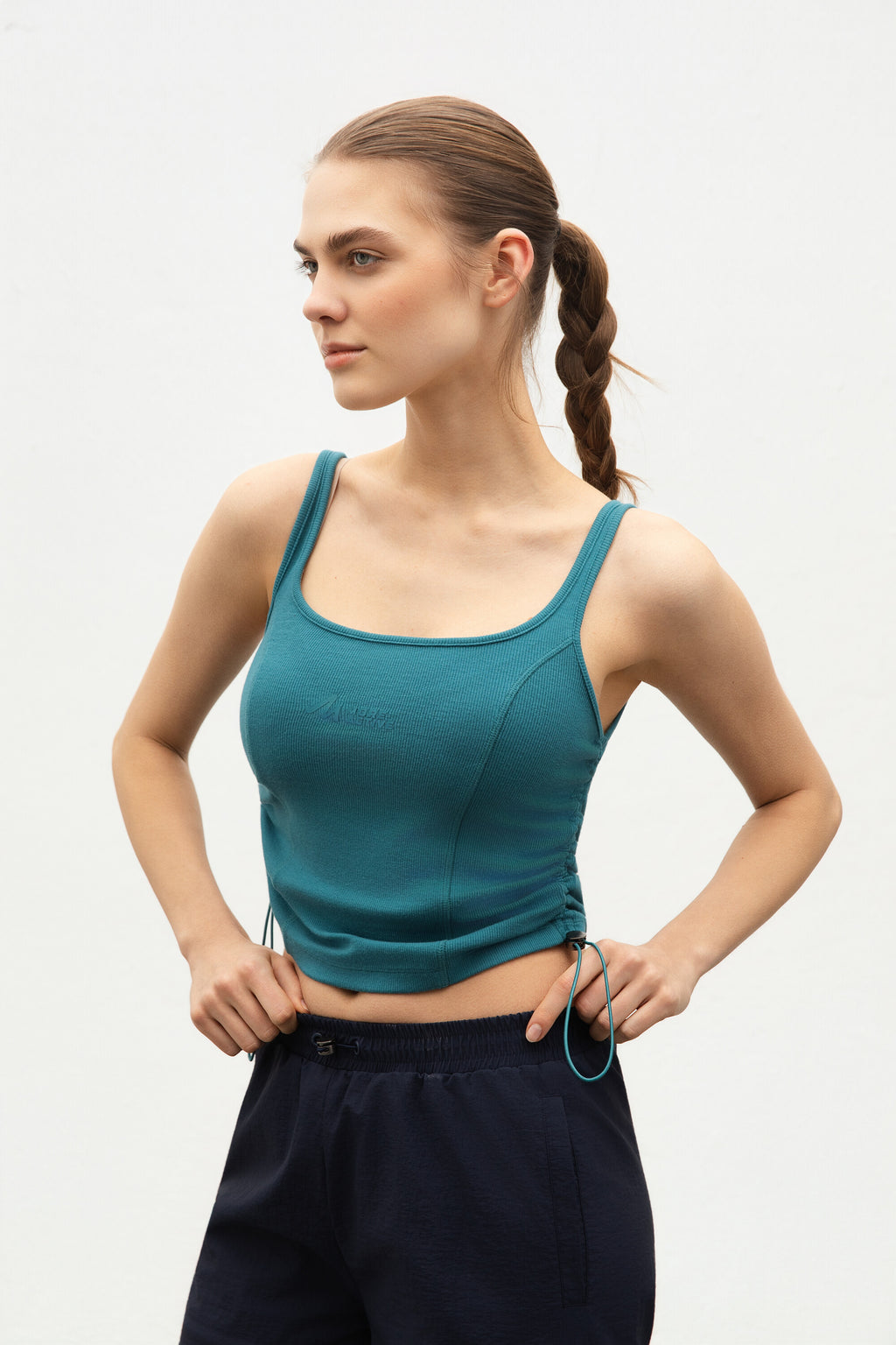 Side Gathered Rib Tank Top Colonial Blue Close Up View 2