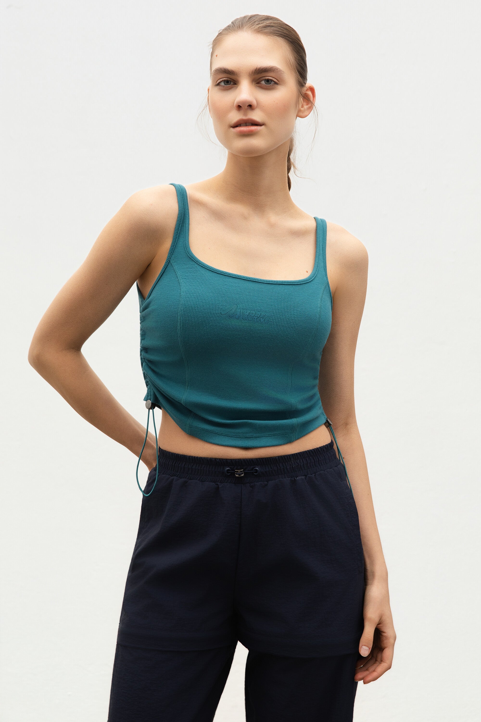 Side Gathered Rib Tank Top Colonial Blue Neck Details