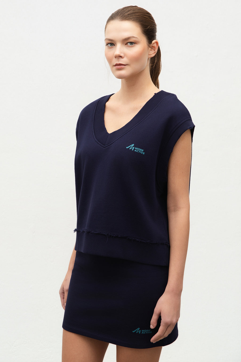 V Neck Sleeveless Fleece Sweatshirt With Garment Wash Maritime Blue Side view