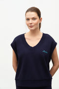V Neck Sleeveless Fleece Sweatshirt With Garment Wash Maritime Blue Neck Details