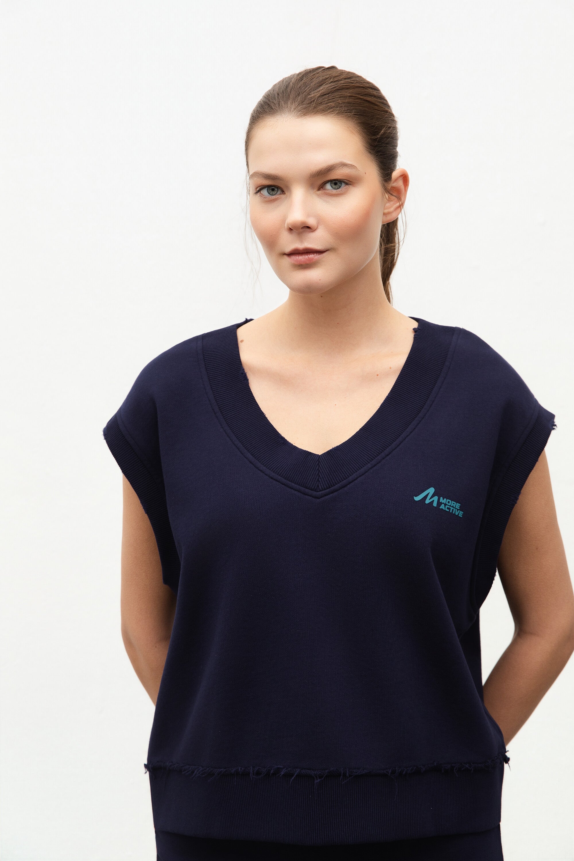 V Neck Sleeveless Fleece Sweatshirt With Garment Wash Maritime Blue Neck Details