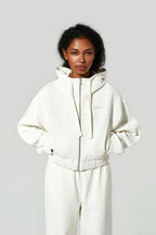 Indo Full Zip Cropped Hoodie Ecru Full Set Front View Zipped